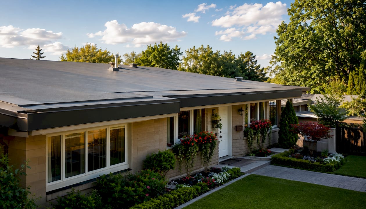 Suburban home with low-pitch roof exterior