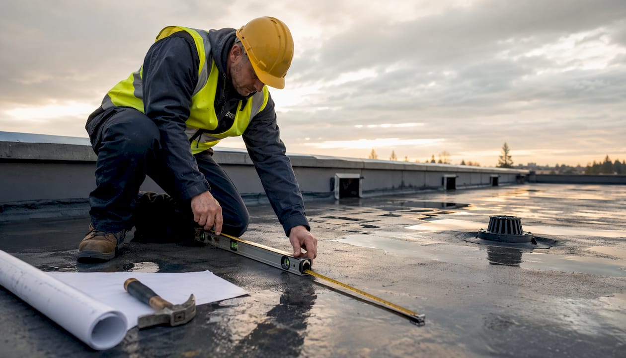 Engineer measuring flat roof slope outdoors