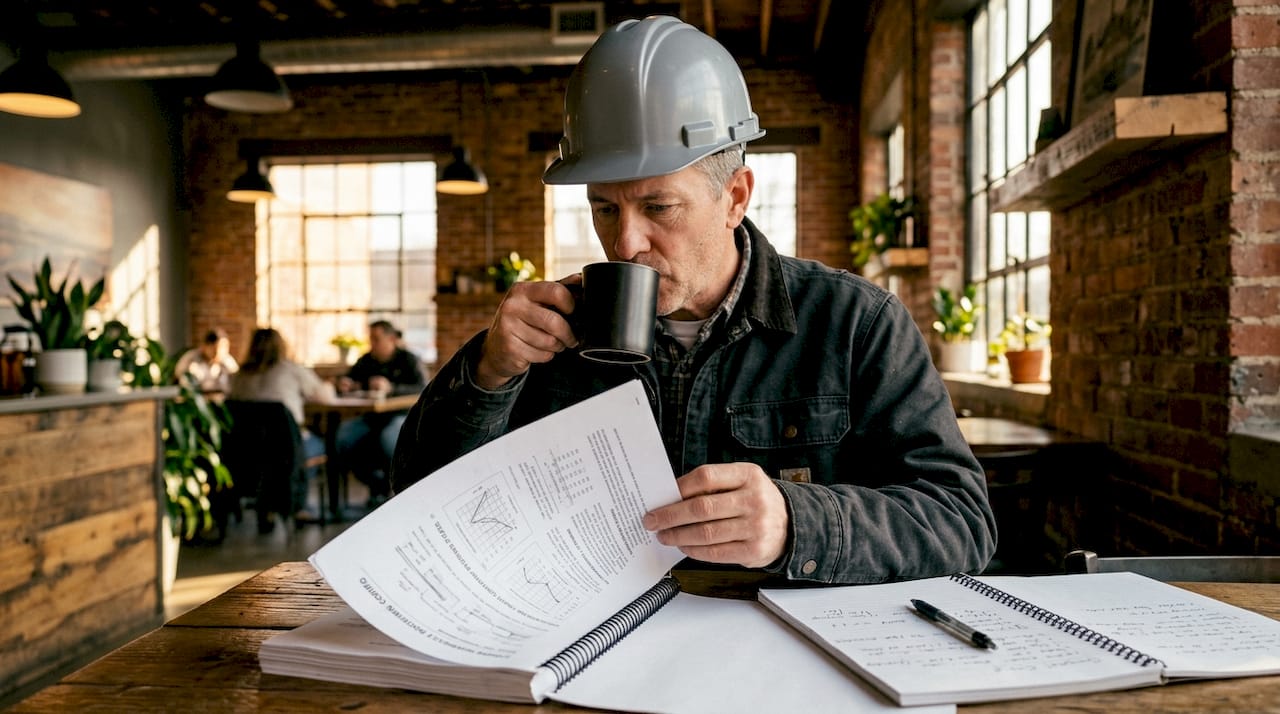 Contractor reviewing roofing code documents indoors
