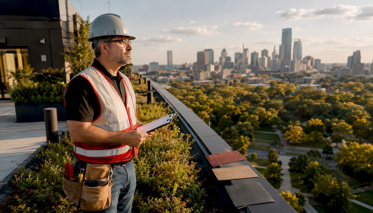 Commercial property manager inspecting flat roof