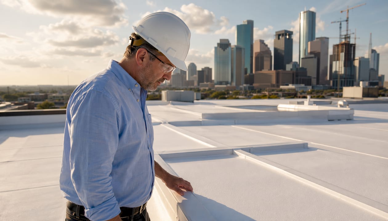 Manager inspecting commercial reflective roof top