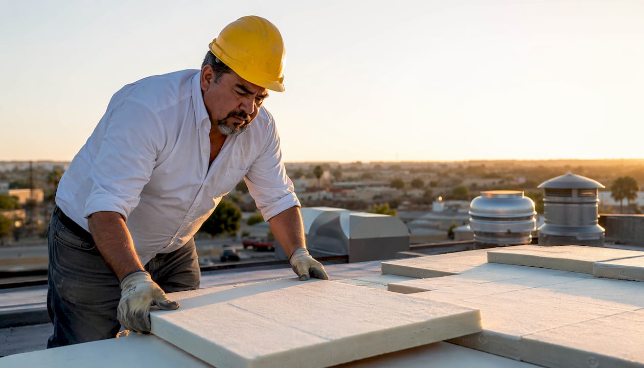 Building owner inspecting roof insulation panels
