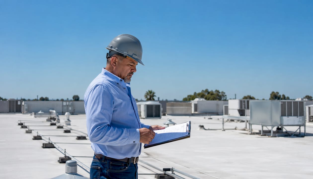 Facility manager inspecting commercial roof
