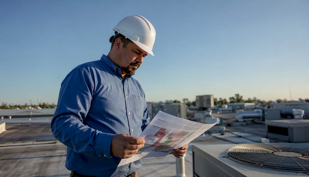 Facility manager reviewing reroofing documents