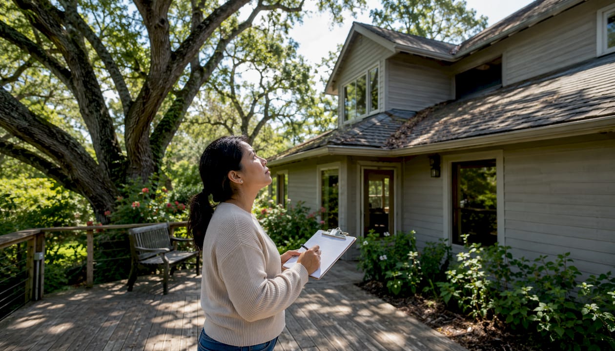 Homeowner inspecting roof exterior